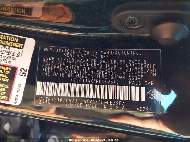 Toyota CAMRY SE 2022 4T1G11AK7NU042548 Image 9