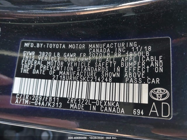 Toyota COROLLA LE 2019 2T1BURHE5KC214248 Image 9
