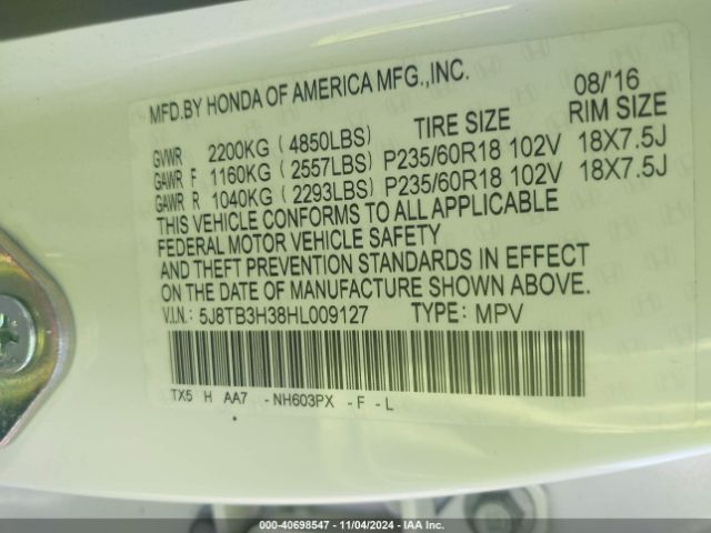 5J8TB3H38HL009127 Acura Rdx Acurawatch Plus Package
