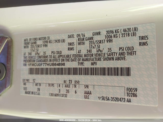 Ford ESCAPE S 2017 1FMCU0F77HUB64898 Image 9