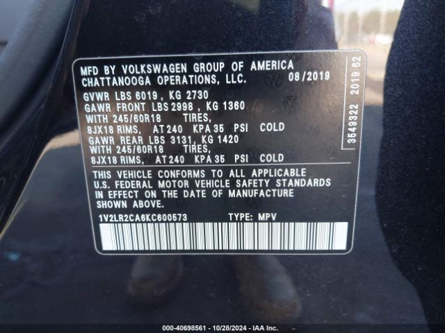1V2LR2CA6KC600573 Volkswagen Atlas 3.6l V6 Se