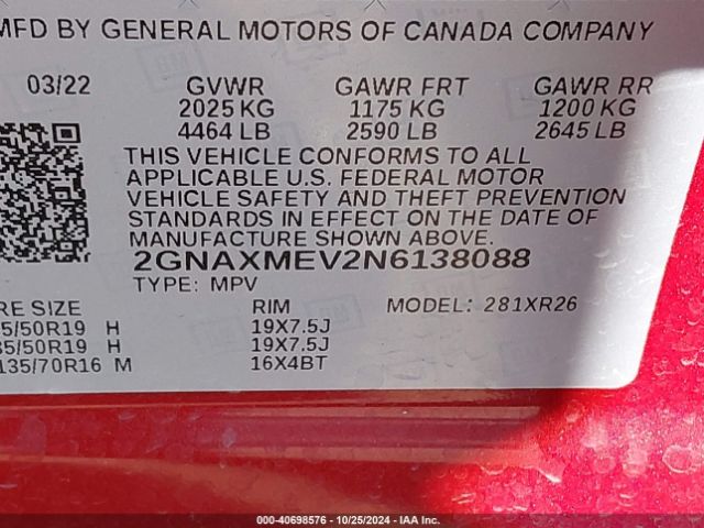 2GNAXMEV2N6138088 Chevrolet Equinox Fwd Rs