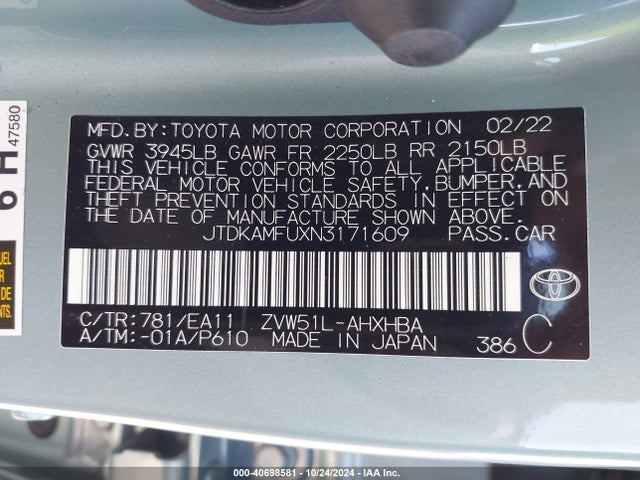 JTDKAMFUXN3171609 Toyota Prius Limited