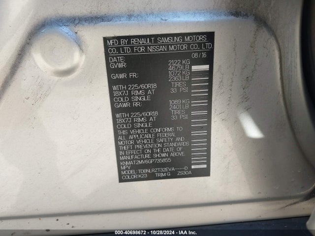 Nissan Rogue Sl 2016 KNMAT2MV6GP735855 Image 9
