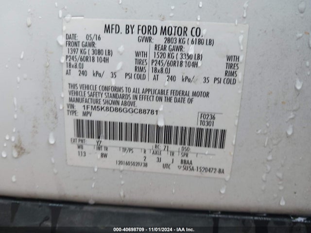 Ford EXPLORER XLT 2016 1FM5K8D86GGC88781 Image 9