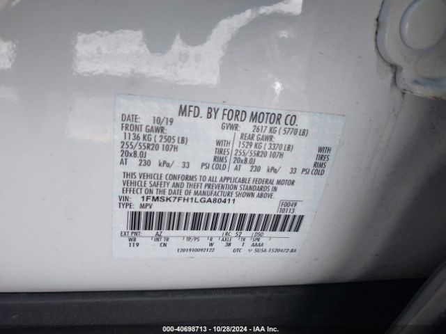 1FMSK7FH1LGA80411 Ford Explorer Limited
