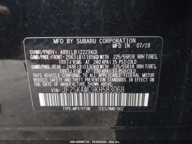 JF2SKAWC9KH583068 Subaru Forester Touring