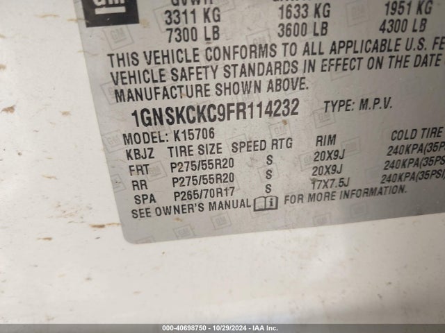Chevrolet Tahoe Ltz 2015 1GNSKCKC9FR114232 Image 9