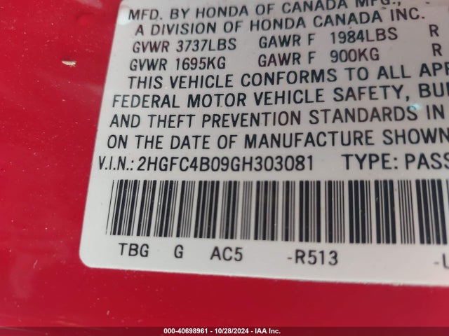 Honda Civic Lx-p 2016 2HGFC4B09GH303081 Image 9