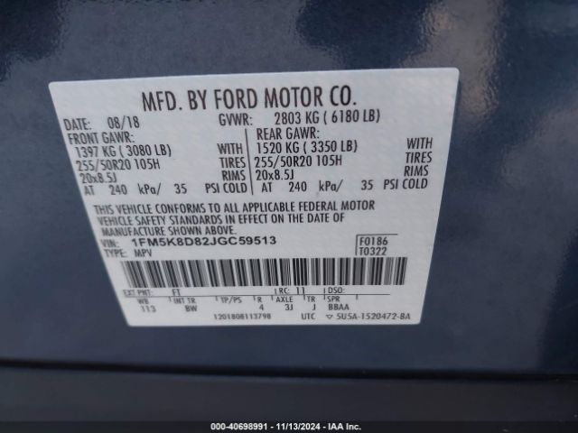 1FM5K8D82JGC59513 Ford EXPLORER XLT