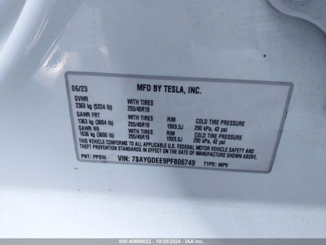 7SAYGDEE9PF806749 Tesla Model Y Awd/long Range Dual Motor All-wheel Drive
