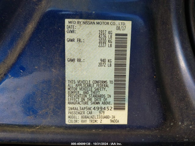 Nissan Altima 2.5 Sr 2017 1N4AL3AP5HC499452 Image 9