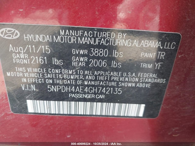 Hyundai ELANTRA SE 2016 5NPDH4AE4GH742135 Image 9