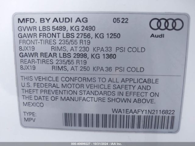 WA1EAAFY1N2116822 Audi Q5 Premium Plus 45 Tfsi S Line Quattro S Tronic