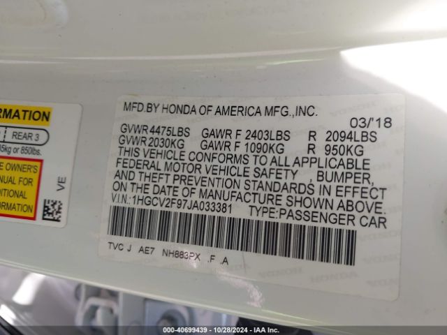 1HGCV2F97JA033381 Honda Accord Touring 2.0t