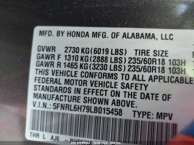 5FNRL6H79LB015458 Honda Odyssey Ex-l/ex-l W/navi   Res