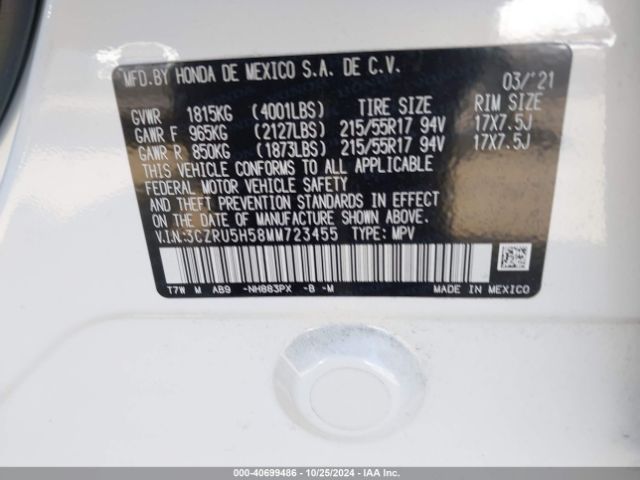 3CZRU5H58MM723455 Honda Hr-v 2wd Ex