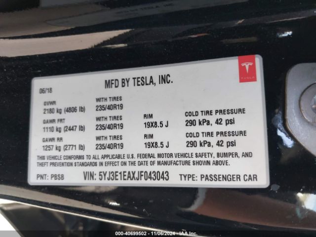 5YJ3E1EAXJF043043 Tesla Model 3 Long Range/mid Range