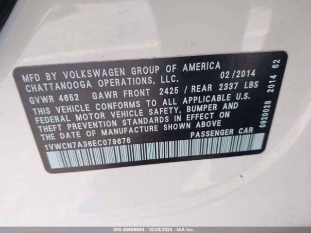 1VWCN7A36EC079676 Volkswagen Passat 2.0l Tdi Sel Premium