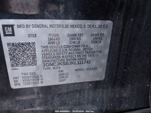 3GNCJKSB3KL111742 Chevrolet TRAX LS