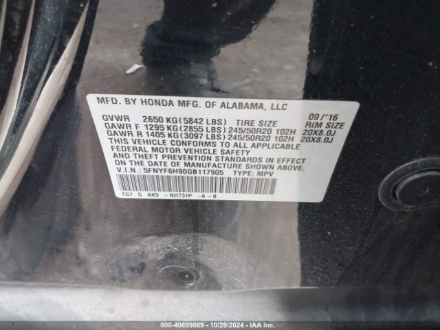 5FNYF6H90GB117905 Honda Pilot Touring