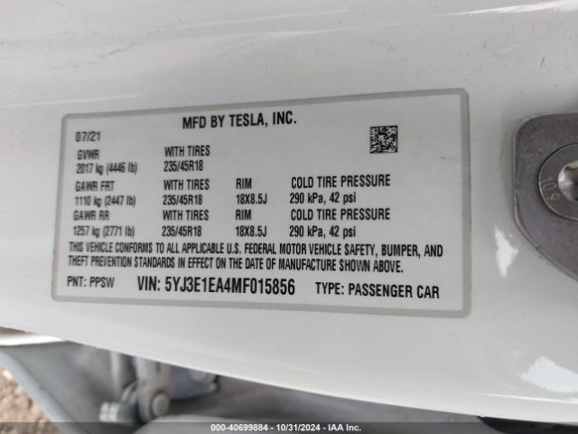 5YJ3E1EA4MF015856 Tesla Model 3 Standard Range Plus Rear-wheel Drive
