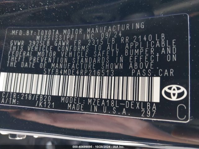 5YFB4MDE4RP216513 Toyota COROLLA LE