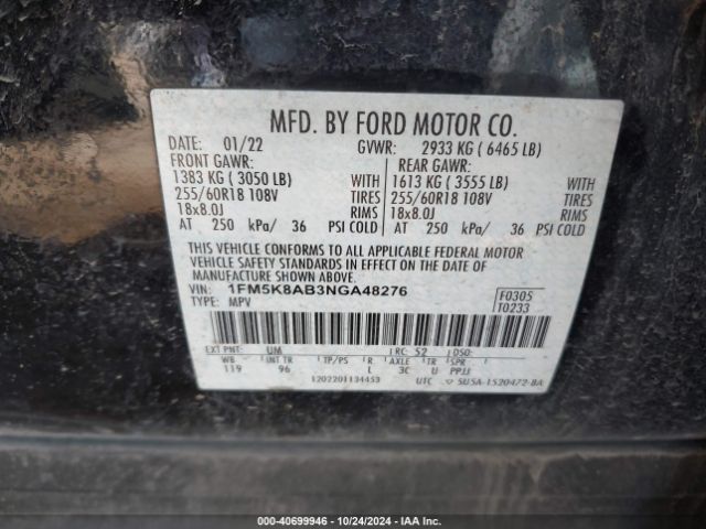 1FM5K8AB3NGA48276 Ford Police Interceptor Utility