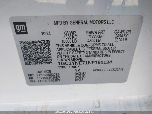 1GC1YNE71NF160134 Chevrolet Silverado 2500hd 4wd  Standard Bed Lt