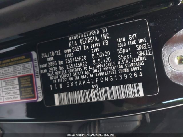 5XYRK4LF0NG139264 KIA Sorento Sx Prestige