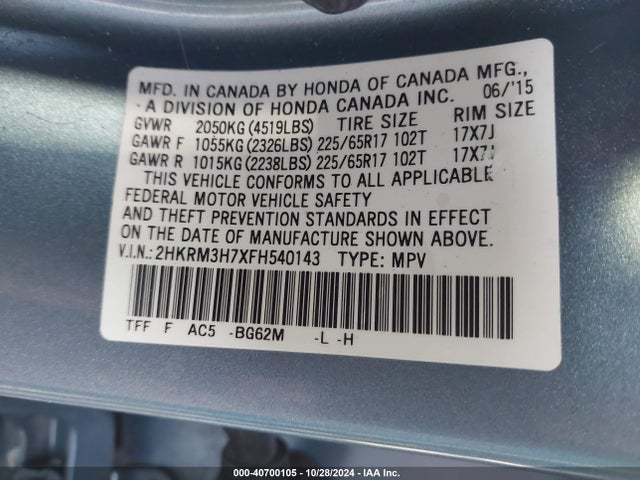Honda Cr-v Ex-l 2015 2HKRM3H7XFH540143 Image 9