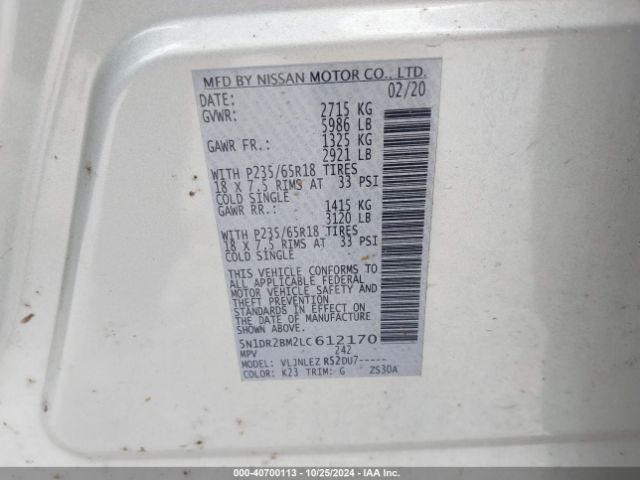 5N1DR2BM2LC612170 Nissan Pathfinder Sv 4wd
