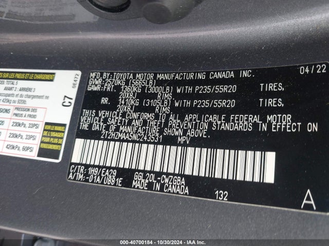 2T2HZMAA5NC243531 Lexus RX 350