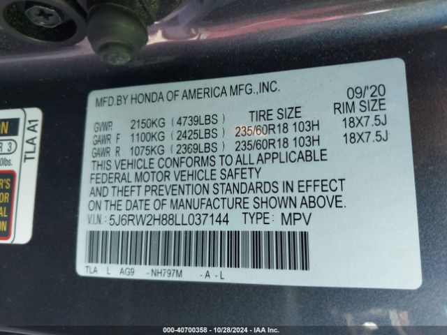 5J6RW2H88LL037144 Honda Cr-v Awd Ex-l