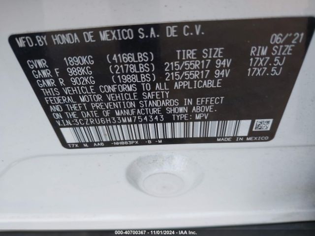 3CZRU6H33MM754343 Honda Hr-v Awd Lx
