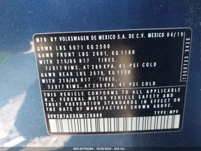 3VV2B7AXXKM126889 Volkswagen Tiguan 2.0t Se/2.0t Sel/2.0t Sel R-line/2.0t Sel R-line Black