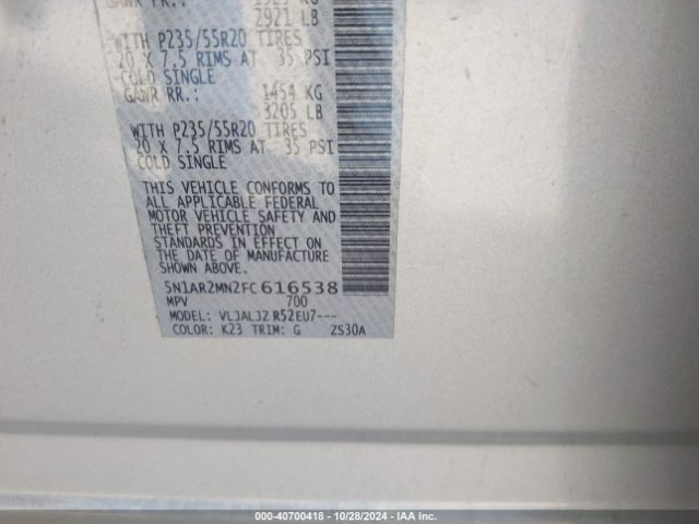 5N1AR2MN2FC616538 Nissan Pathfinder Platinum