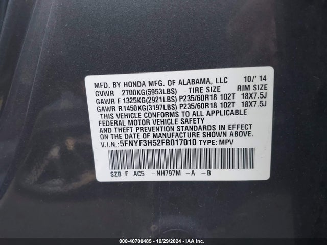 Honda Pilot Ex-l 2015 5FNYF3H52FB017010 Image 9