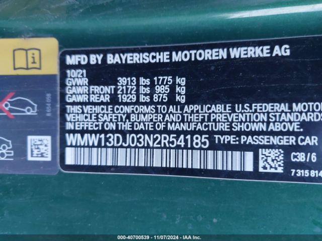 WMW13DJ03N2R54185 Mini Se Hardtop Cooper
