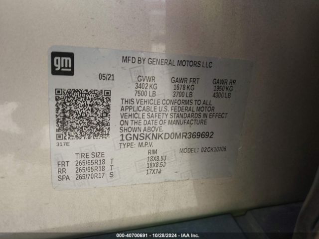 1GNSKNKD0MR369692 Chevrolet Tahoe 4wd Lt