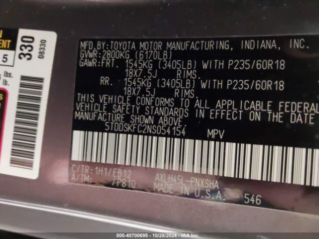 5TDDSKFC2NS054154 Toyota Sienna Xse