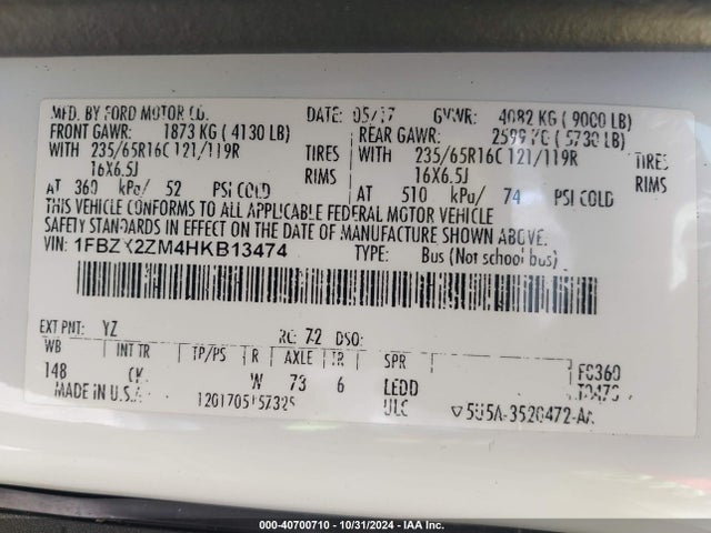 1FBZX2ZM4HKB13474 Ford Transit-350 Xlt
