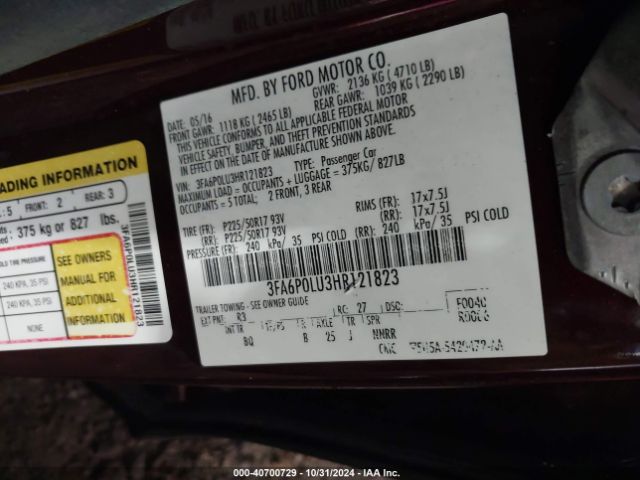 3FA6P0LU3HR121823 Ford Fusion Hybrid Se