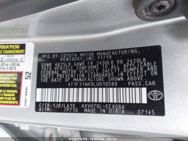 4T1F31AK0LU010589 Toyota Camry Xle Hybrid