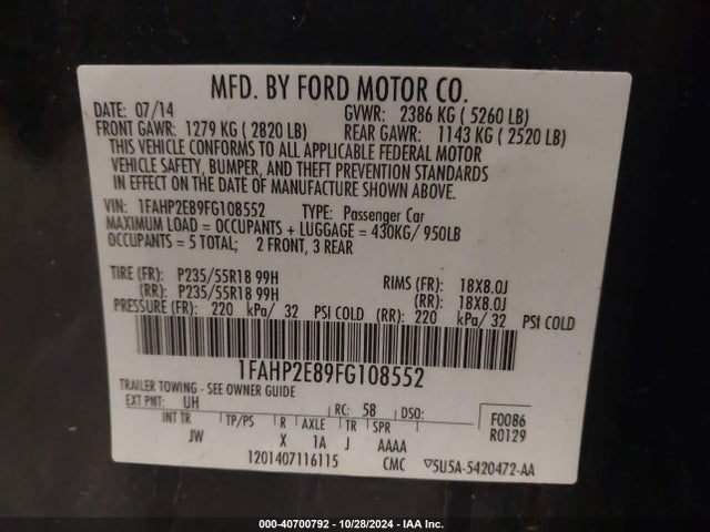 Ford TAURUS SEL 2015 1FAHP2E89FG108552 Image 9