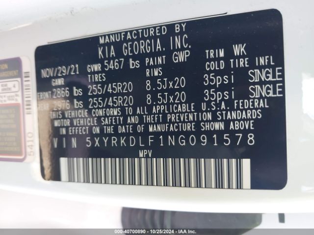 5XYRKDLF1NG091578 KIA SORENTO SX