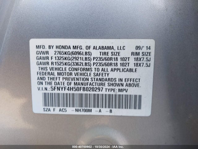 Honda Pilot Ex-l 2015 5FNYF4H50FB020297 Image 9
