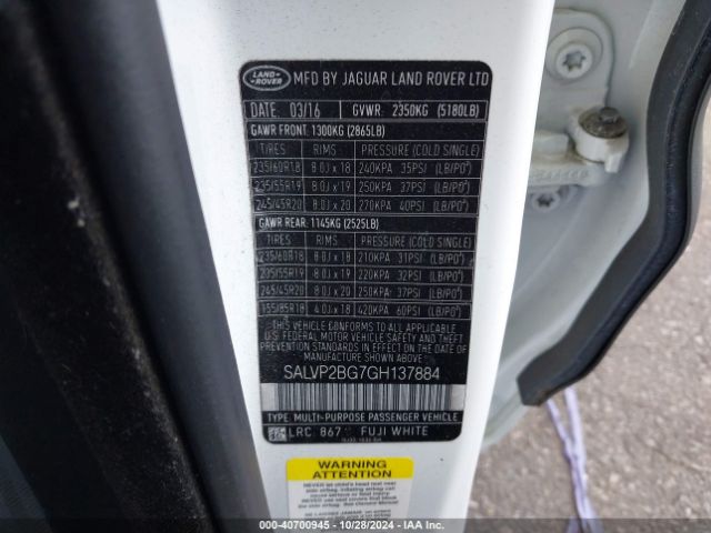 SALVP2BG7GH137884 Land Rover Range Rover Evoque Se/se Premium