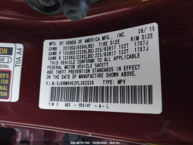 Honda CR-V EX 2015 5J6RM4H53FL083539 Image 9