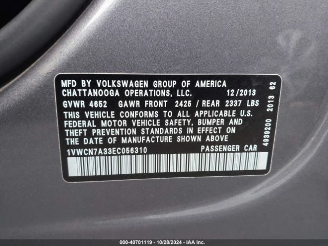 1VWCN7A33EC056310 Volkswagen Passat 2.0l Tdi Sel Premium
